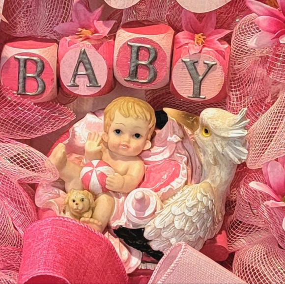 It's a Girl Wreath Deco Mesh Hand Painted Baby Stork Floral - Picture 5 of 13